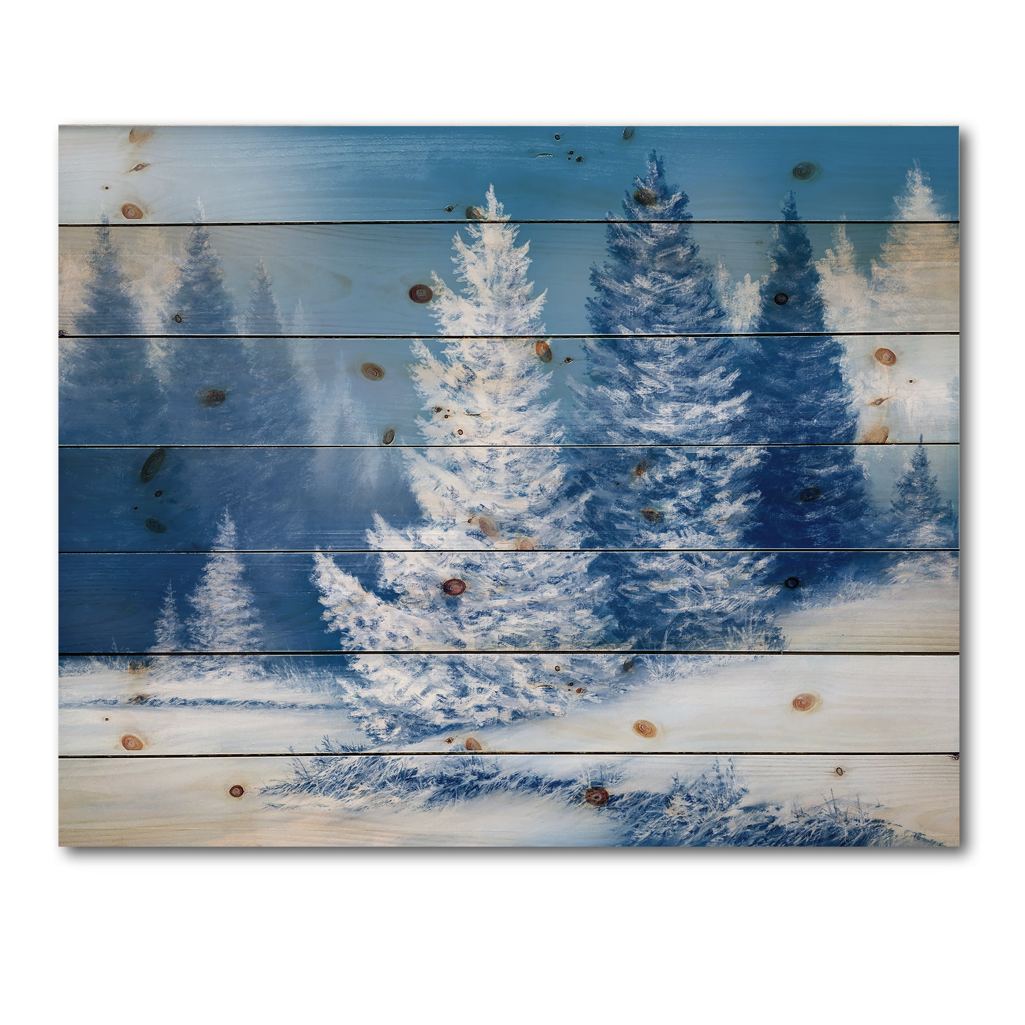 Designart 'Snow Covered Trees With Dreamlike Spruce Forest' Lake House Print on Natural Pine Wood