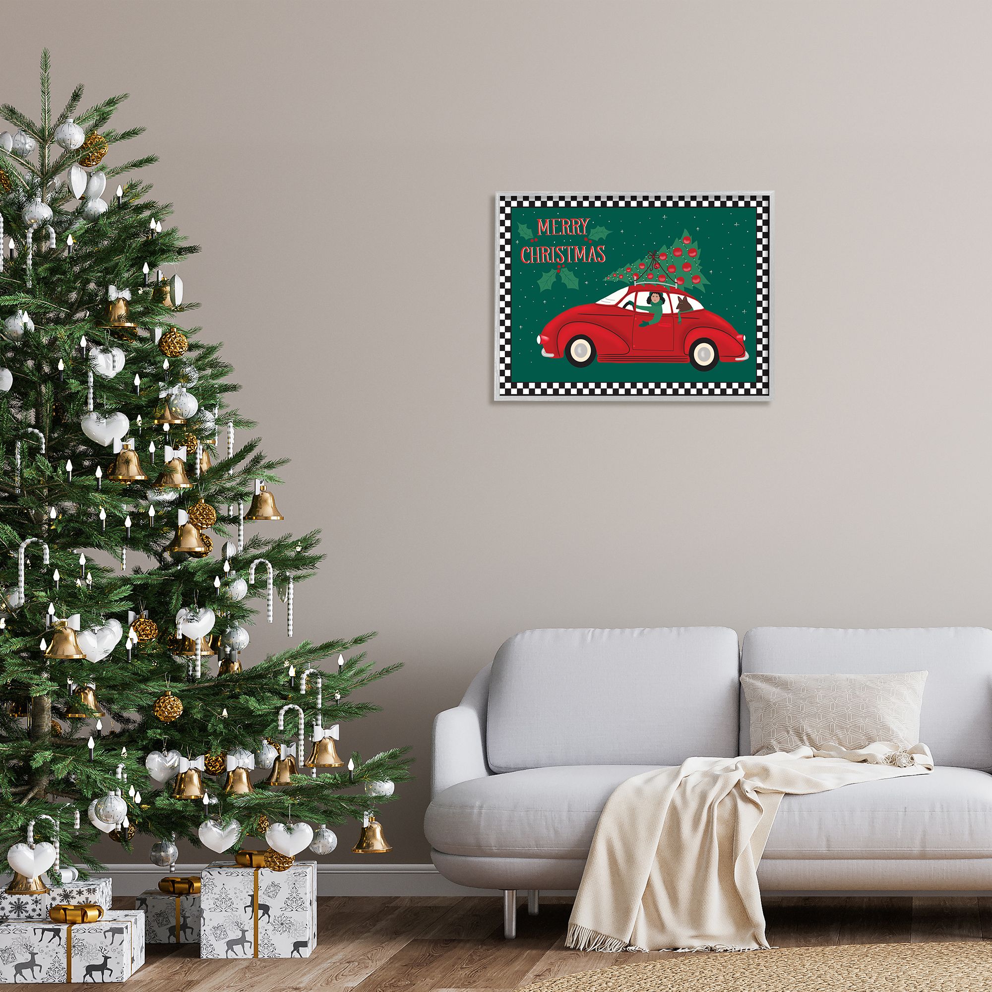Stupell Indtries Merry Christmas Greeting Woman Sports Car Christmas Tree,30 x 24,Design by Darlene Seale