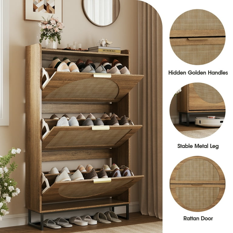 VEANERWOOD Rattan Shoe Storage Cabinet with 3 Flip Drawers,Shoe