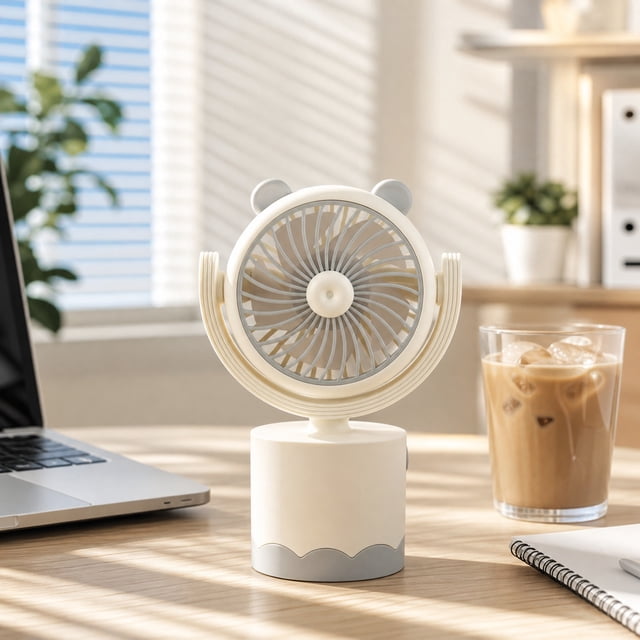 Miniventilador portátil de mano con alimentación USB recargable, diseño compacto, flujo de aire silencioso, agarre ergonómico para uso en exteriores, viajes, oficina y interiores.