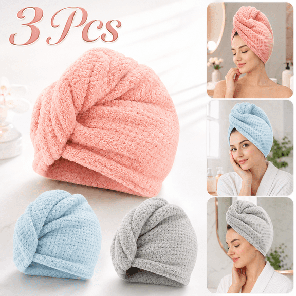 Ustris 3 PCS Microfiber Hair Towel - Wraps for Wet Hair, Anti Frizz Turbans, for Curly Hair (Pink, Blue, Grey)