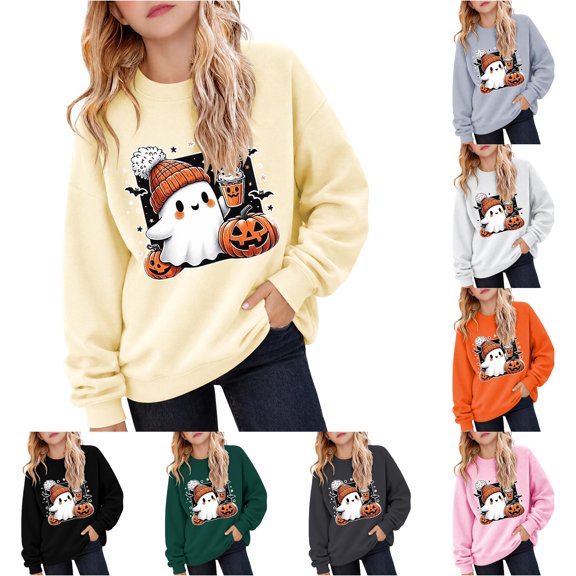XAOFW Girls Halloween Sweatshirt Pumpkin Ghost Print Long Sleeve Crew Neck Sweatshirts Autumn Winter Cozy Graphic Pullover For Toddler Kids Comfortable Tops 2-3 Years