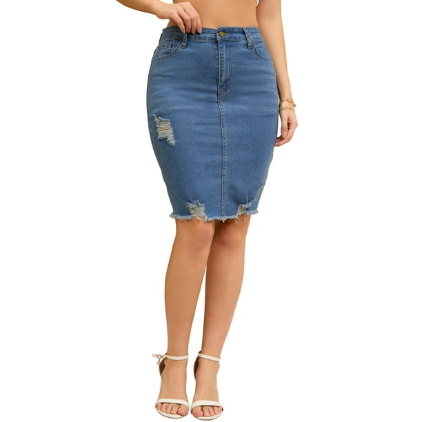 Faldas de mezclilla rasgadas de cintura alta y dobladillo sin terminar para mujeres INSPIRE CHIC, 2XL, azul