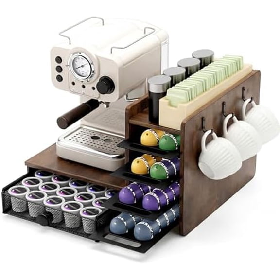 2 Pcs Coffee Pod Drawer Holder Compatible with Nespresso Vertuo, 100 Pods Large Capacity, 4 Tier Coffee Station Organizer Cups Capsule for Counter, Kitchen, Bar, Space Saving, Rustic Brown