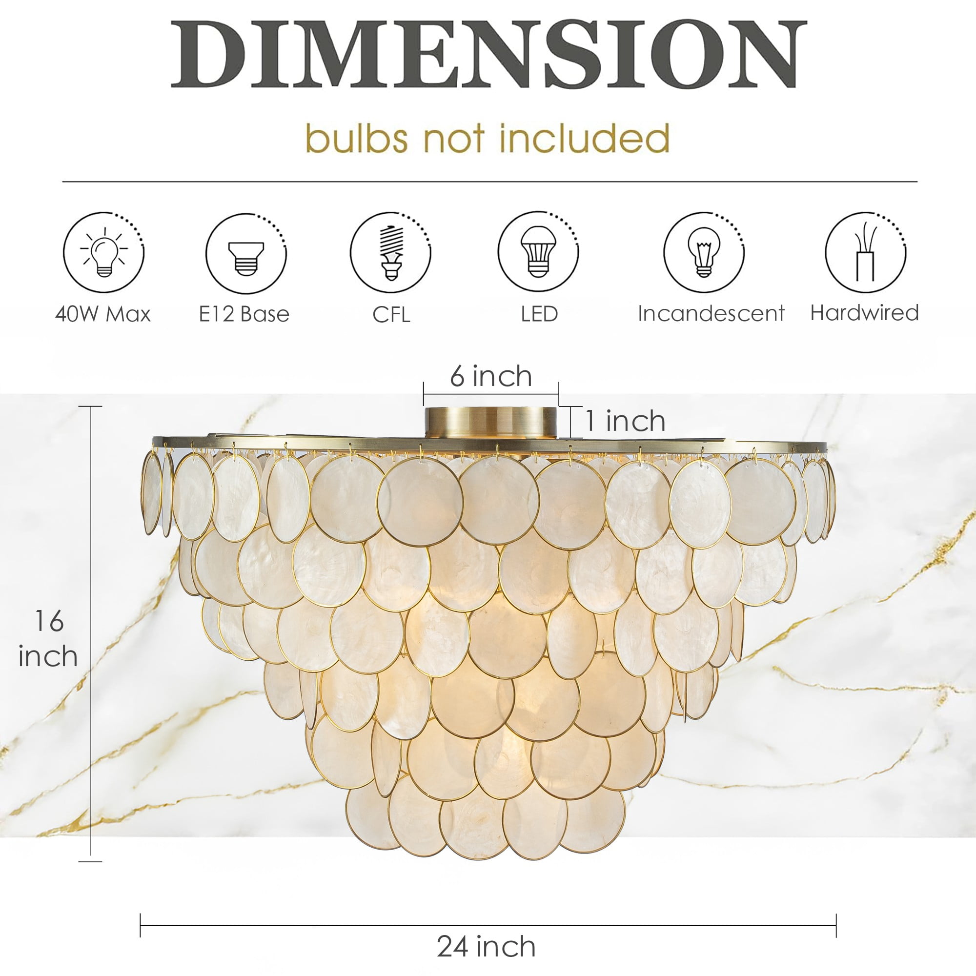 W24 in 5 Lights Coastal Capiz Shell Close to Ceiling Light Farmhouse Tiered Seashells Flush Mount Ceiling Light in Aged Bronze with Natural White Shells for Dining Room Living Room