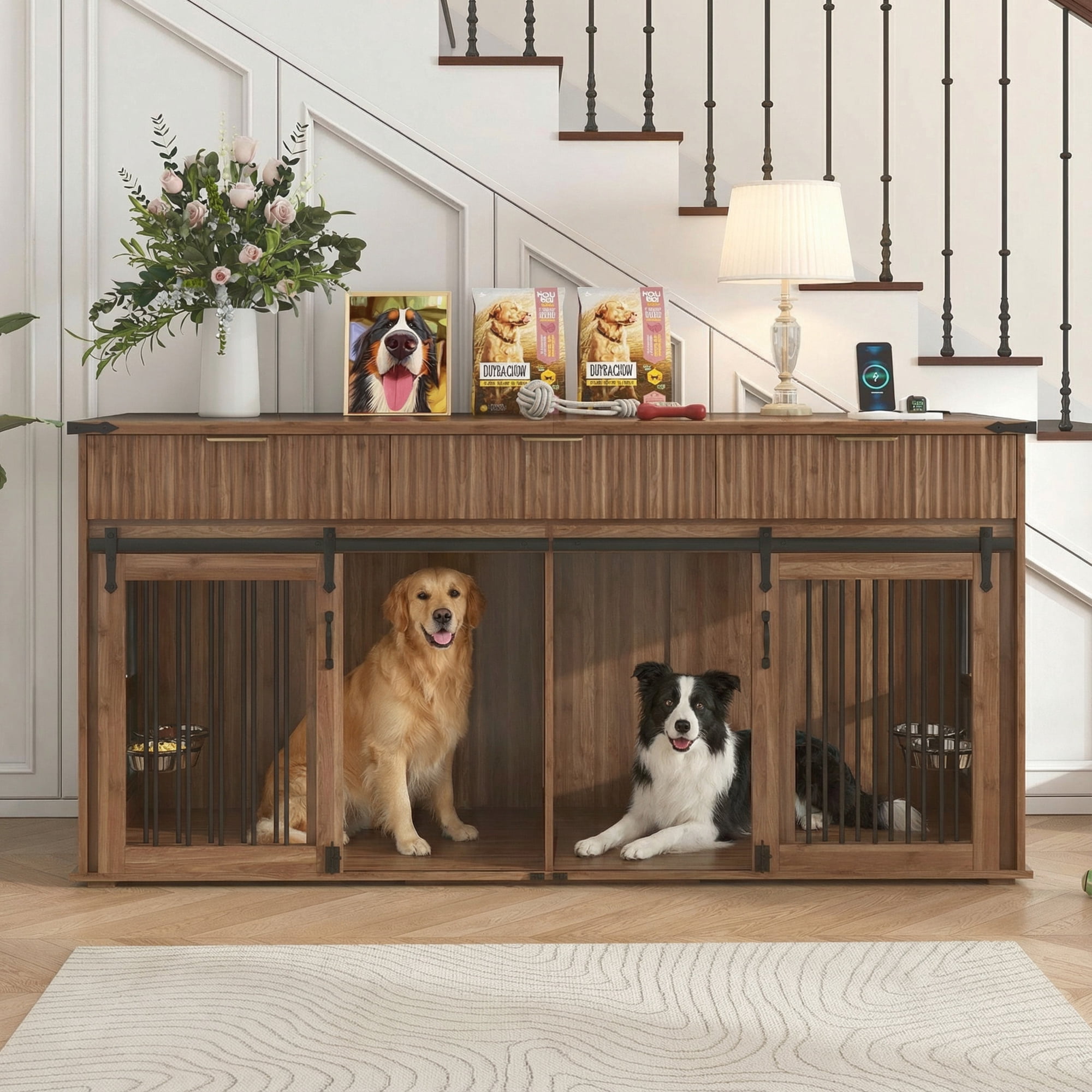 Noble House 71 Double Dog Crate Furniture with Fluted Drawers Large Kennel with Charging Station Walnut