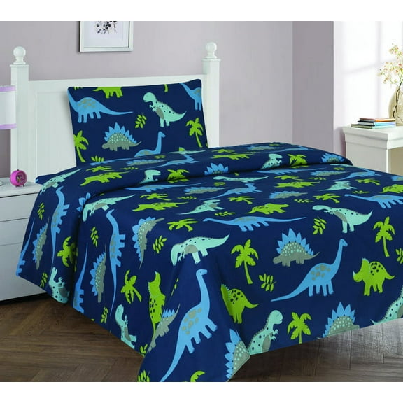 3PC TWIN SHEET SET DINO BLUE BEDDING SUPER SOFT COZZY FLEXIBLE CHARMING BABY KIDS GIRL BOY TODDLER NURSERY ROOM INCLUDES : 1 FLAT SHEET, 1 FITTED SHEET & PILLOW CASE