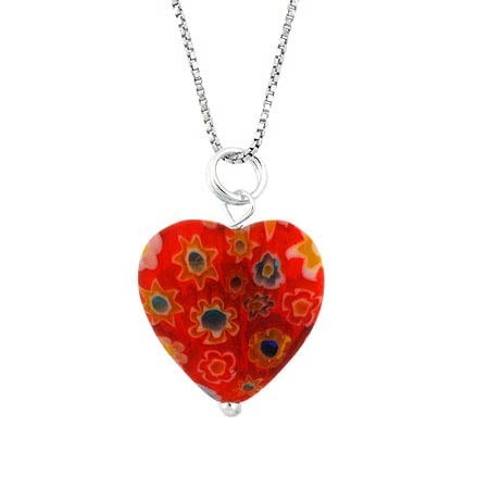 Murano Millefiori Flower Ring - Summer Murano Glass Sterling Silver Bead Orange Millefiori Flower Heart Pendant