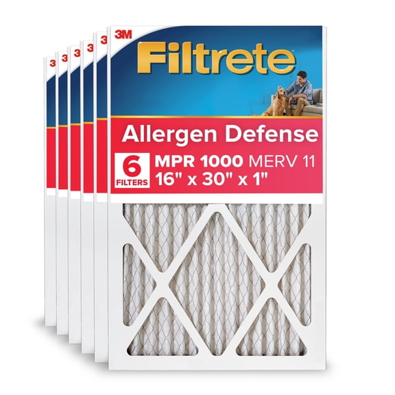 Filtrete 16x30x1 HVAC Furnace Air Filter, MPR 1000 MERV 11, Allergen Defense, 6 Pack