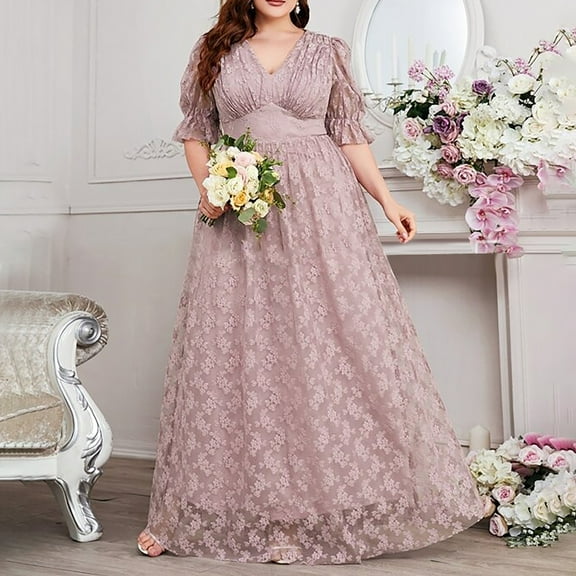 Women's Dresses Summer Maxi Plus Size WIth Lace Large Size Dress Long Lace V-neck Short-sleeved Dress