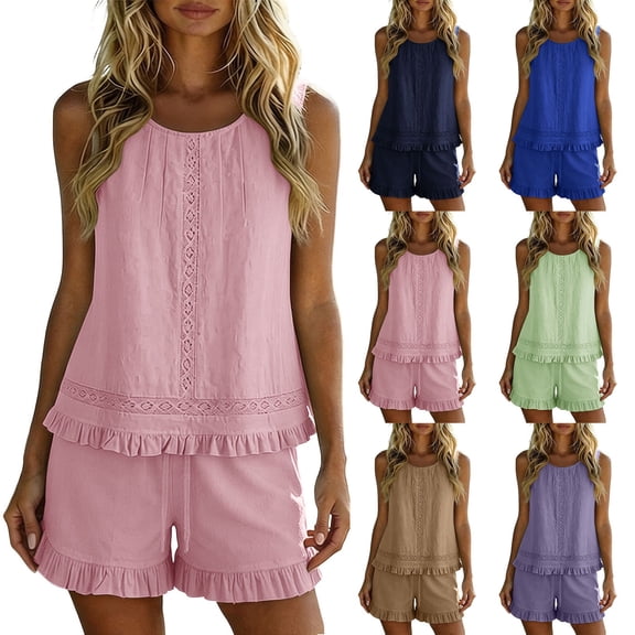 Women's 2 Piece Lounge Outfits Ruffle Hem Sleeveless Eyelet Ruffle Tank Top and Wide Leg Shorts Sets Boho Beach Vacation Matching Sets Purple