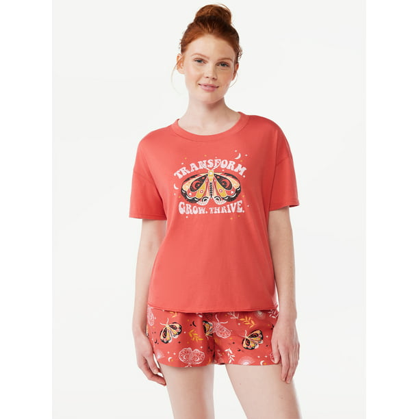 Joyspun Women's Graphic T-Shirt and Boxer Shorts Pajama Set, 2-Piece ...