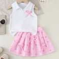 thumbnail image 7 of LIIPEE Girls Summer Outfits 2 Piece Set Kids Fashion Bow Decoration Solid Color Ribbed Sleeveless Tops Stripes Print Pleated Skirt Cute Comfortable Breathable Casual Wear,7 Years, 7 of 7