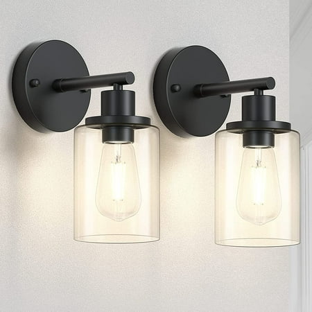 

Modern Black Wall Sconces Set of Two Industrial Bathroom Vanity Wall Light Fixtures with Clear Glass Shade Farmhouse Indoor Wall Sconces Lighting Mounted Lamp for Bedroom Mirror Living Room
