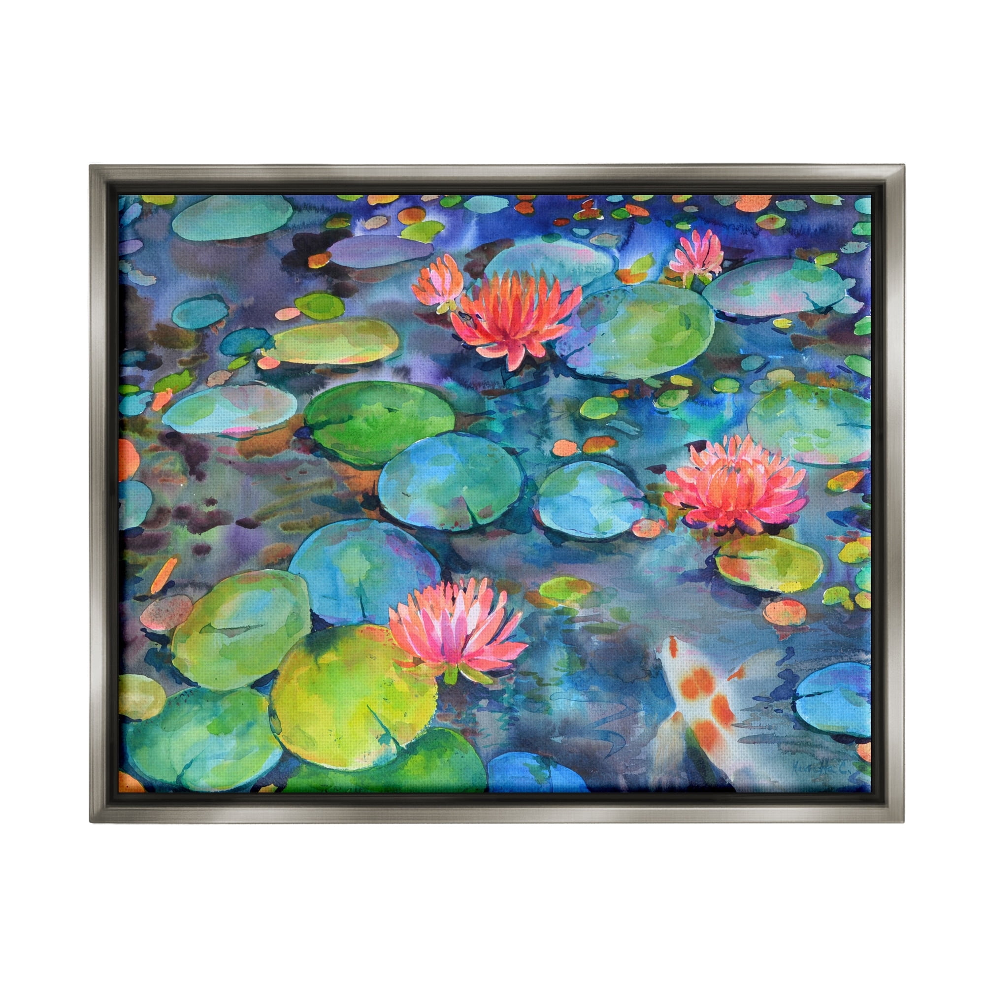 Stupell Industries Vivid Pond Lily Lotus Blossom Koi Fish Pond Painting Luster Gray Floating Framed Canvas Print Wall Art, Design by Marietta Cohen Art and Design