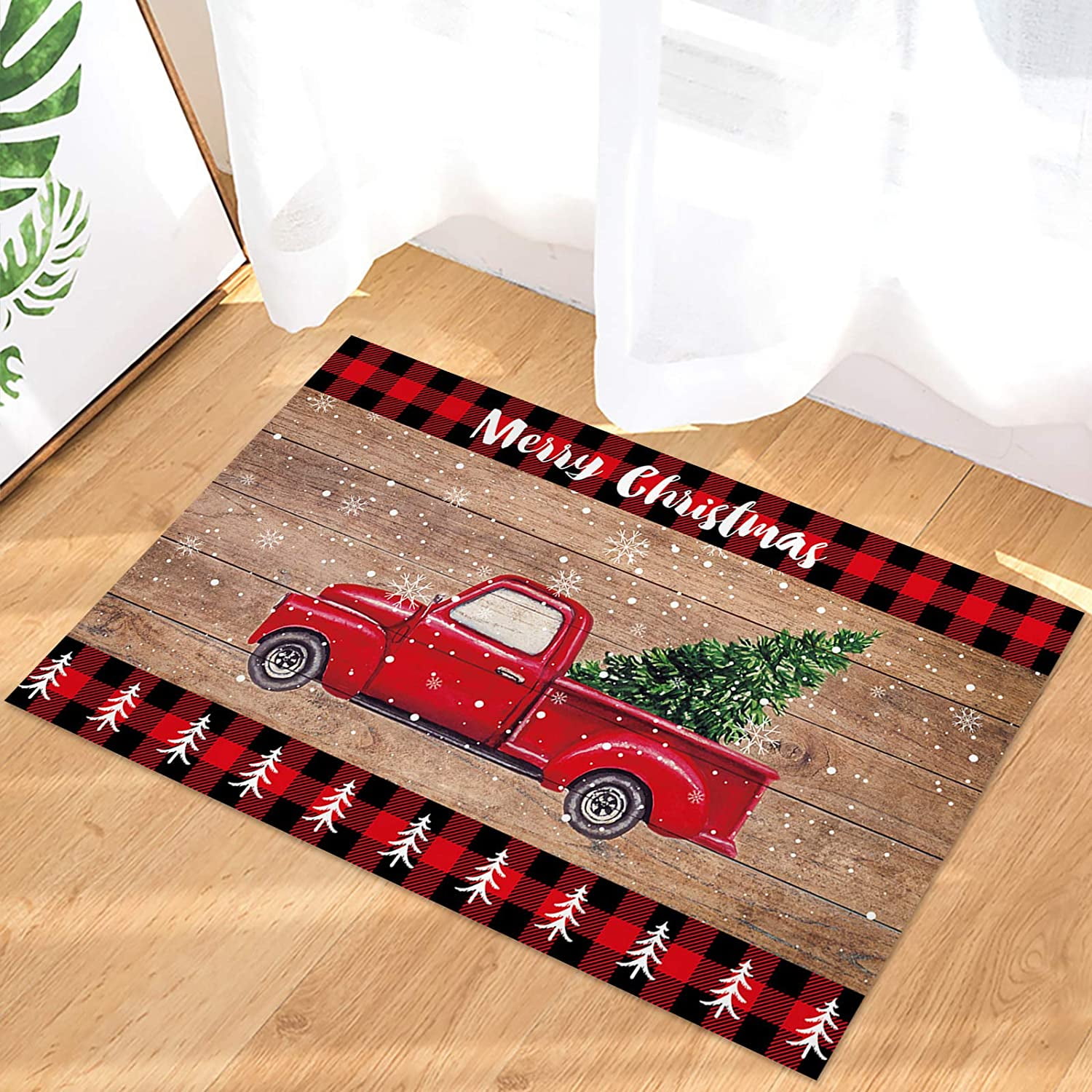 Christmas Door Mat 23."6x15.7 Welcome Mat Front Floor Mats, Non Slip Indoor Carpet/Absorbent Outdoor Shoes Scraper, Christmas Truck and Xmas Trees on Wooden Plank Red Plaid Rugs Doormat for Entryway