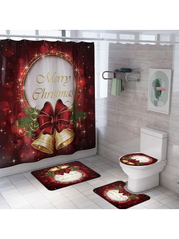 Simplenes 4PCS Christmas Print Shower Curtain Bathroom Mat Set Dry and Wet Separation Non Slip Toilet Pad Cover Bath Mat Toilet Cover Seat Rug Machine Wash,