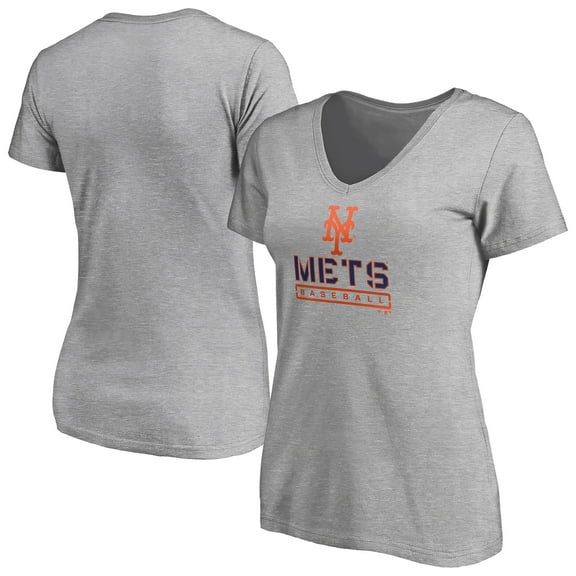 Women's Gray New York Mets Evanston Stencil V-Neck T-Shirt
