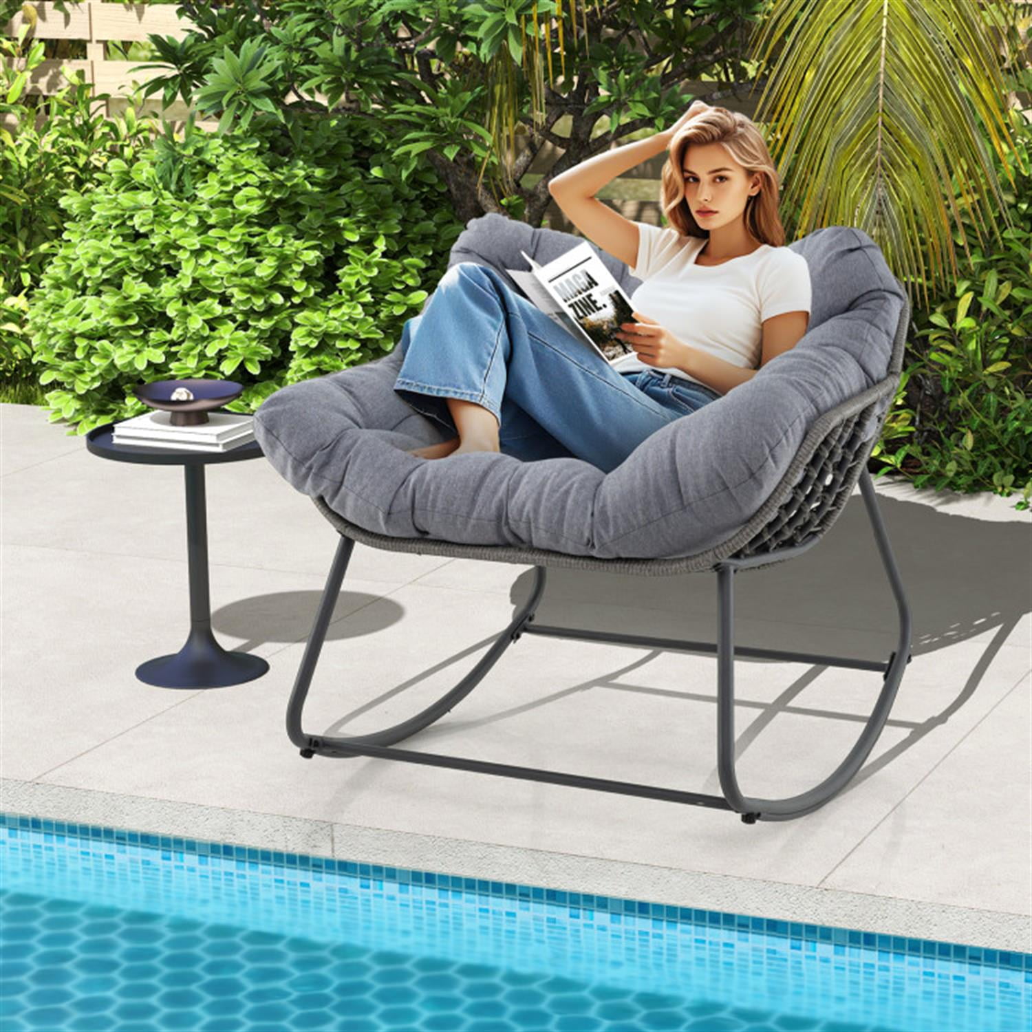Demi Bonn Outdoor Rocking Chair Oversized Patio PE Wicker Egg Chair with Cushion, Patio Accent Furniture Fire Pit Lounge Chairs for Yard, Garden, Gray