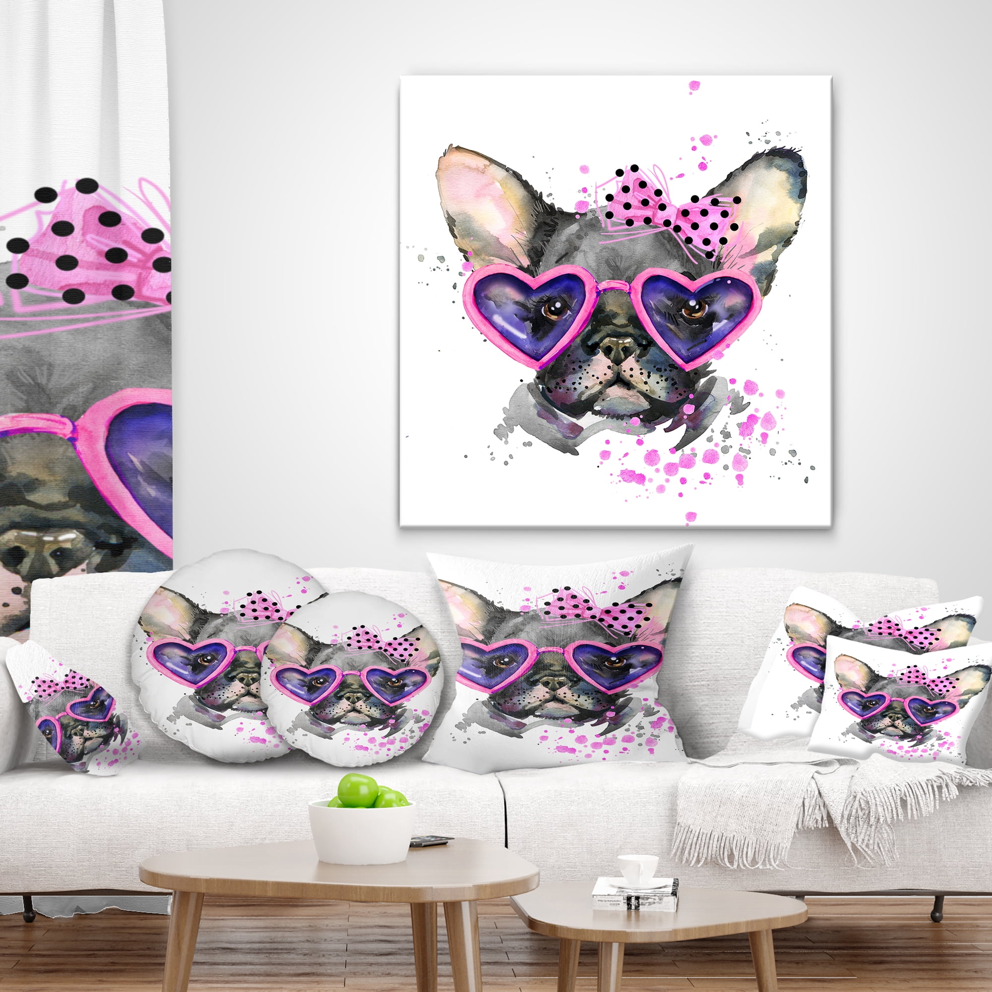 Designart Cute Dog with Pink Glasses - Animal Throw Pillow - 18x18