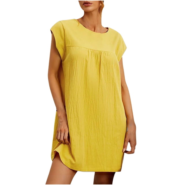 Birdeem Robe d'Été Ample pour Femme Sans Manches à Col Rond Unie en Coton et Chanvre Robe Courte