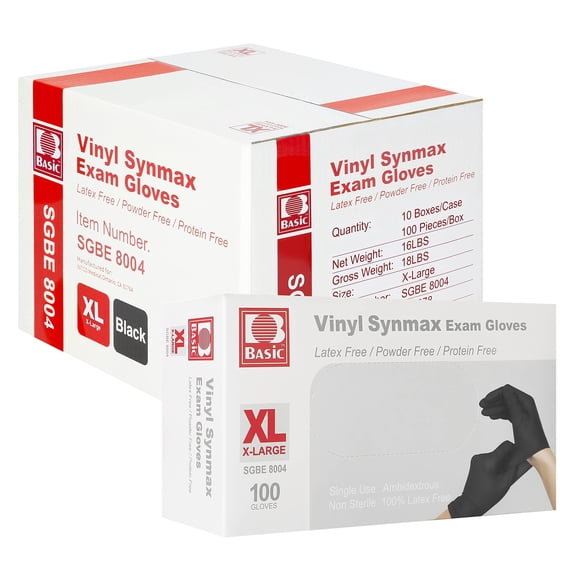 Disposable Medical Synmax Vinyl Exam Gloves- 1000pcs - Latex-Free & Powder-Free -X LARGE, Black Color