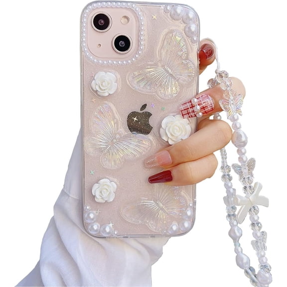 for iPhone 13 Mini Case with Charm Chain Butterfly Flower 3D Cute Phone Case,Crystal Clear Shiny Case with Wrist Bracelet Pearl Shockproof for iPhone 13 Mini Case 5.4''