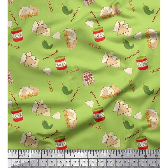 Soimoi Green Poly Georgette Fabric Nachos & Salsa Food Print Fabric by the Yard 42 Inch Wide