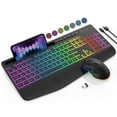 thumbnail image 1 of Combo Clavier et Souris Sans Fil - 9 Effets Rétroéclairés, RVB, Repose-Poignet Ergonomique, Support de Téléphone, Pleine Taille 2,4G, Rechargeable, Mode Veille, Touche Silencieuse, 1 of 9