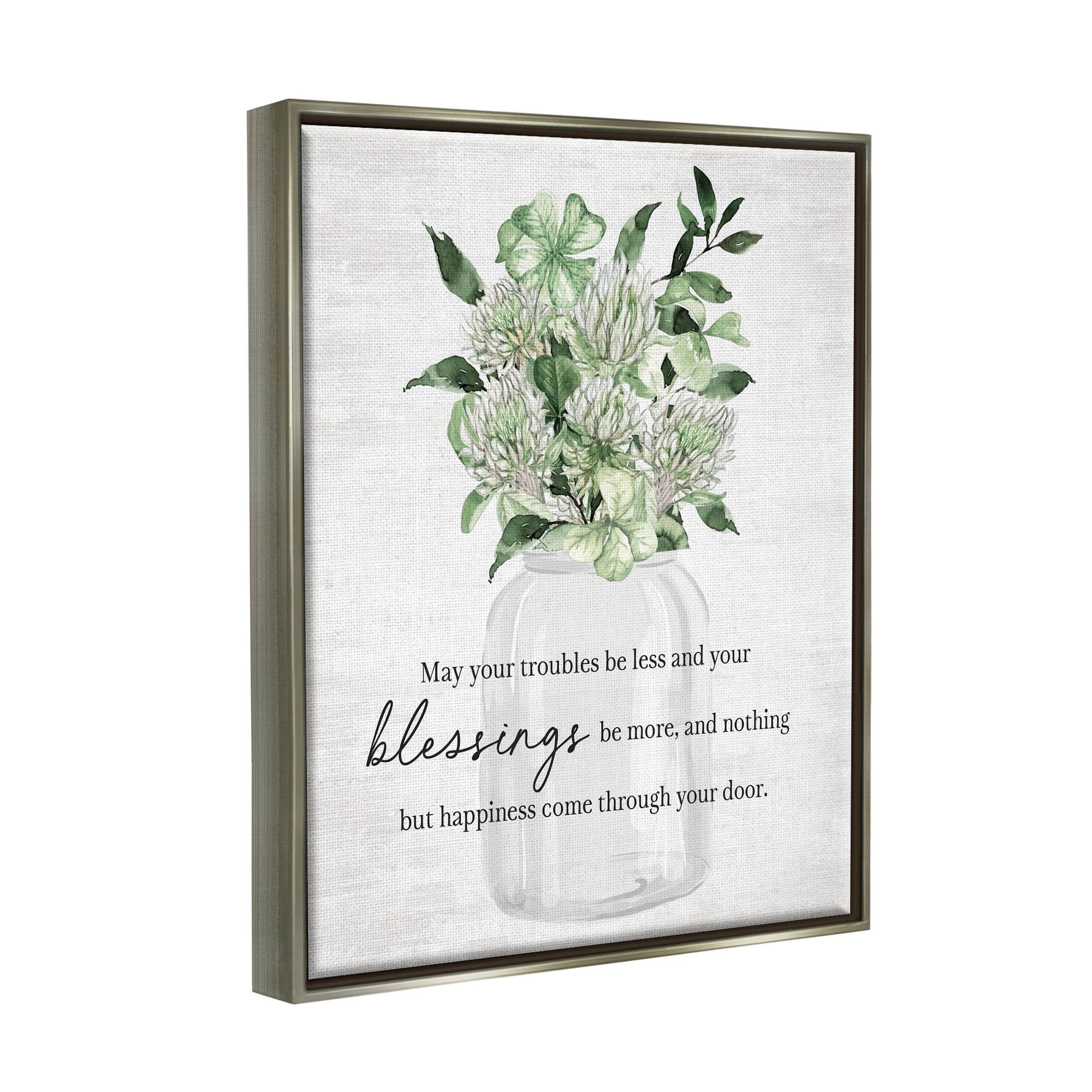 Stupell Industries Blessings & Happiness Proverb Botanical & Floral Painting Gray Floater Framed Canvas Art Print Wall Art, 25 x 31