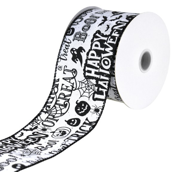 Homeford Happy Halloween Glittered Satin Wired Ribbon, 2-1/2-inch, 10-yard, White