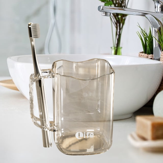 Tasse de Rince-Bouche Résistante à la Chaleur avec Poignée, Tasse à Brosse à Dents Transparente, Plastique de Qualité Alimentaire, Porte-Brosse à Dents Intégré, Inversible pour l'Égouttage, Prise Confortable, Grande Capacité