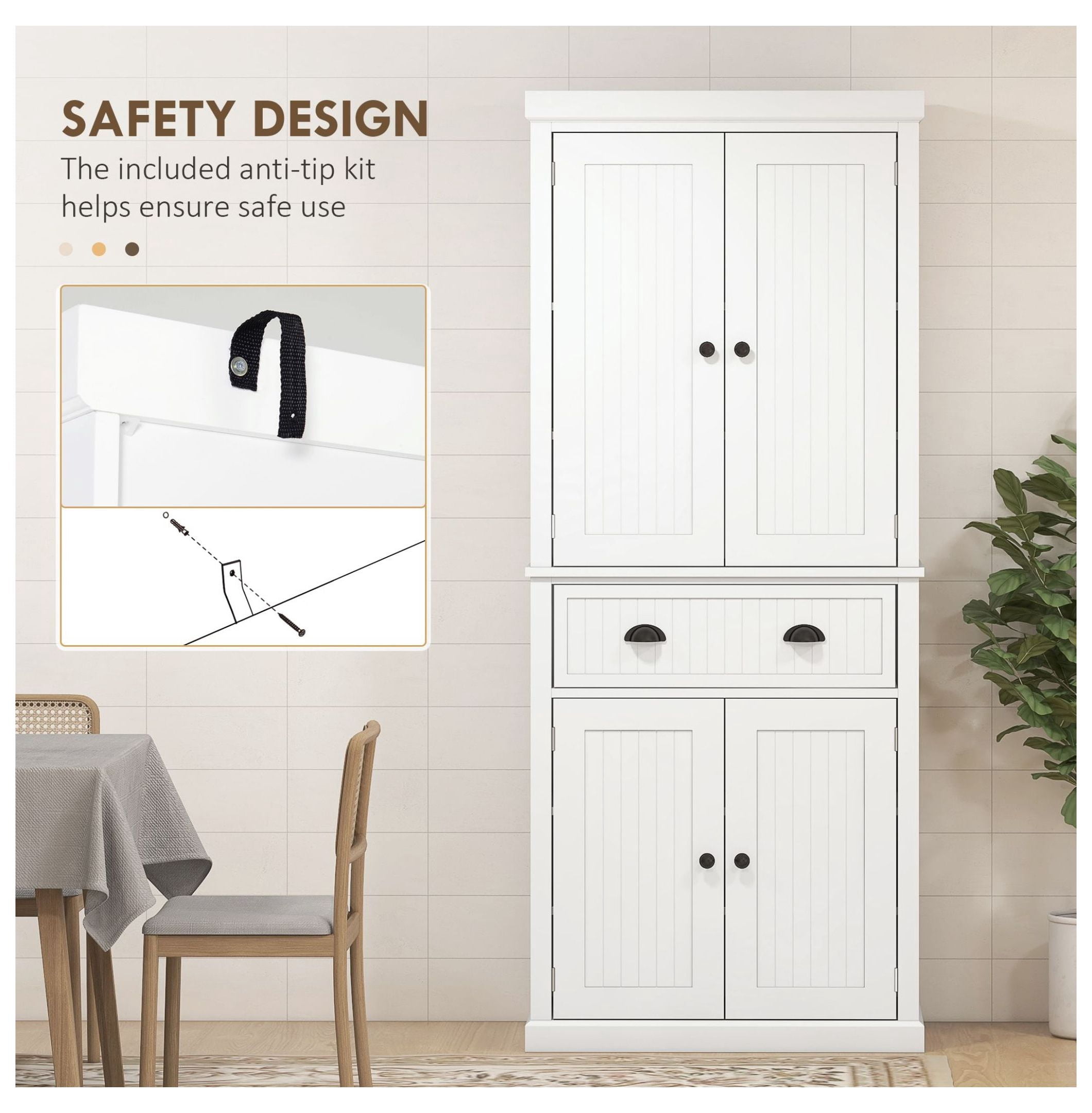 Kitchen Pantry Cabinet, 72" Freestanding Storage Cupboard with Drawer & Adjustable Shelves - White