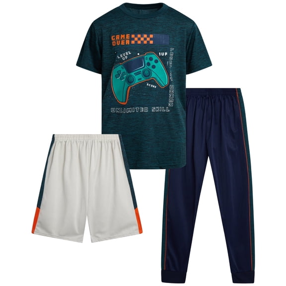 Pro Athlete Boys Pants Set 3 Piece Graphic Tees Athletic Shorts and Jogger Sweatpants 3 Piece Set