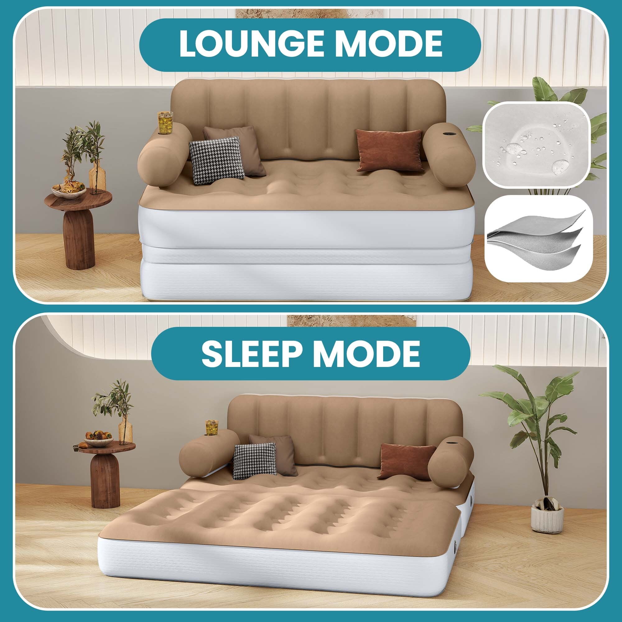 Uforic Queen Air Sofa Bed Mattress with Headboard & Pump for Home Camping Guests, Khaki