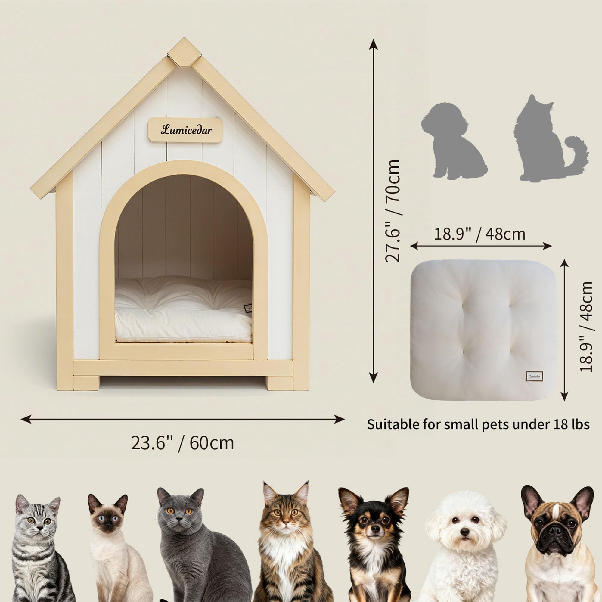 S-HOME FSC Solid Cedar Pet House - Cream Yellow Cabin Style Shelter for Small Dogs and Cats, Comfortable Haven