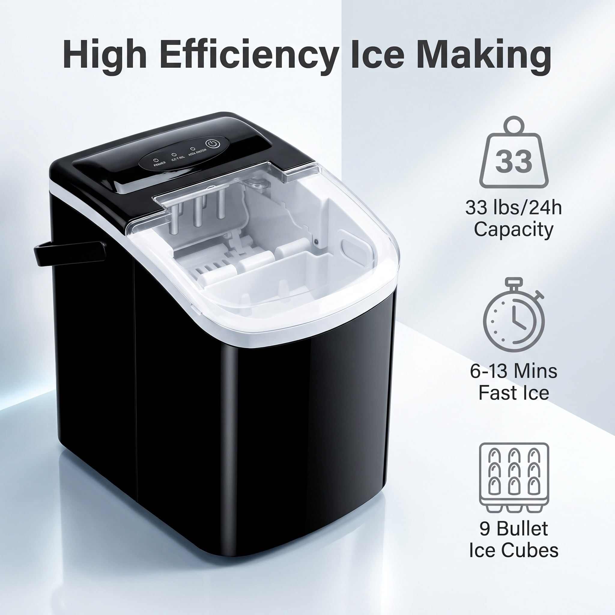 9 Bullet Ice Maker, 26.5lbs/24H Compact Countertop Ice Machine, 9 9 Bullet-Shaped Ices Ready in 6-13 Mins, Portable Ice Maker for Home, Bar