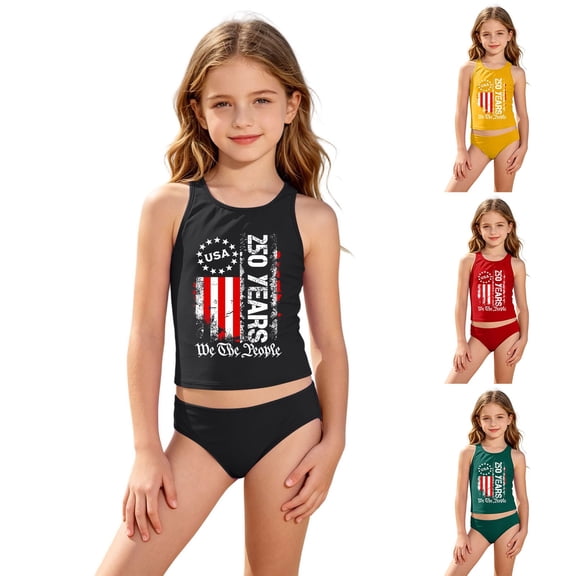 Girls' Sleeveless Swimwear Set, USA Flag & 250th Anniversary Print Tankini Bathing Suit 4-16Y