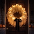 thumbnail image 5 of 16'' Light Up Gauze Ghost Wreath Warm LED Halloween Front Door Hanging Ornament Neutral Cottagecore Farmhouse Porch Wall Decor, Glowing White Ghost Ribbon Wreath for Party Wall Porch Decoration, 5 of 13