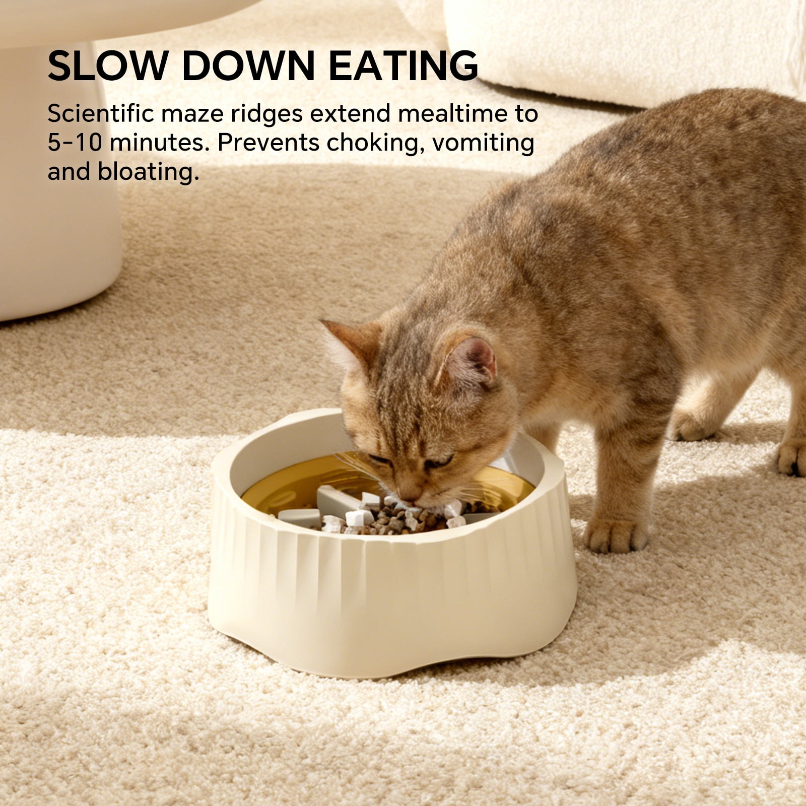 Pet Slow Feeding Bowl, Anti-Choking Bowl Switchable Anti-Slip Anti-Spill Dish for Dogs and Cats, White