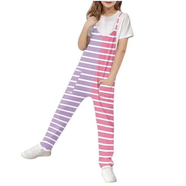 Odeerbi 5-14 Años Niñas Verano Mono Color Bloque Rayas Camisola Romper Primavera Casual Transpirable Cómodo Monos Correa Bib Pantalones Generales Traje de Juego