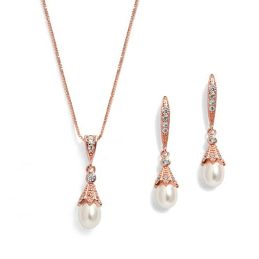 Mariell Rose Gold Wedding Necklace & Earrings Jewelry Set with Freshwater Pearl for Bridesmaids & Brides