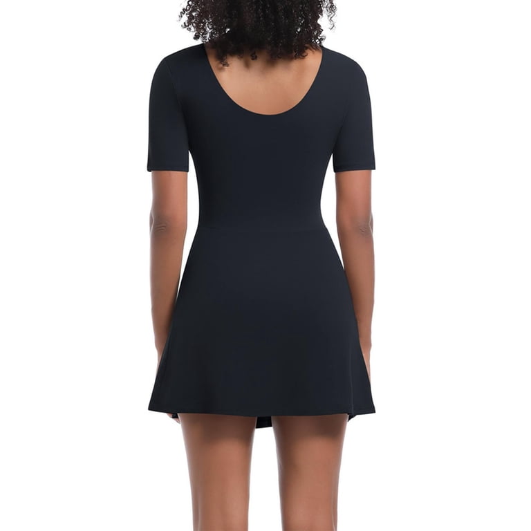 short sleeve workout dress IFNWSV Womens Athletic Dresses Low Cut Scoop Neck Short Sleeve Solid Color  Tennis Workout Dress with Shorts Black L