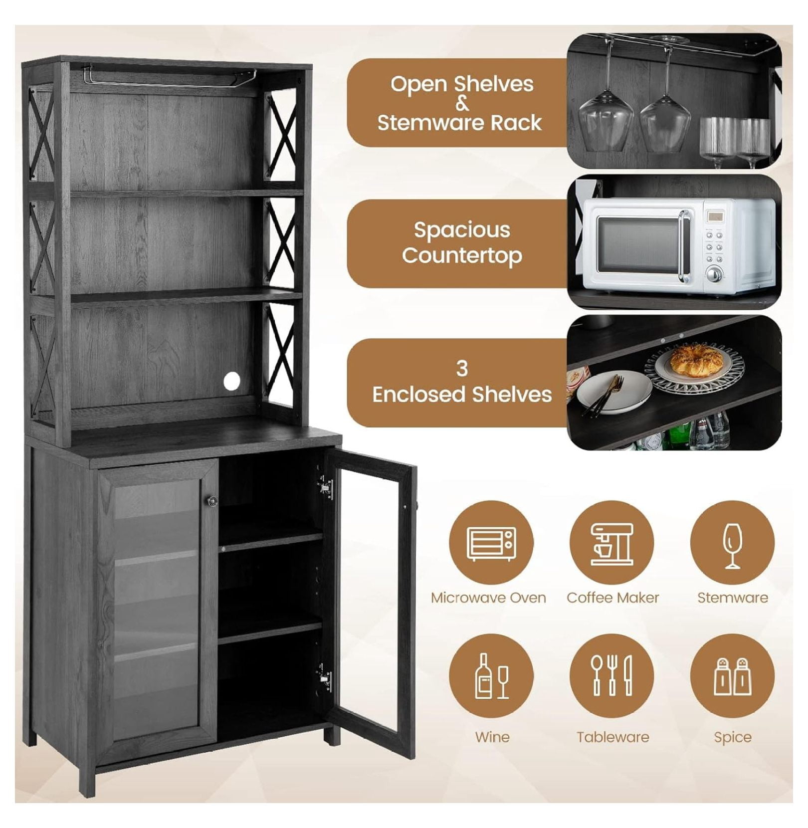 Kitchen Pantry Storage Cabinet, Farmhouse Buffet Hutch with Stemware Rack, Microwave Countertop & Tempered Glass Doors, 67.5" Freestanding Kitchen Hutch with Adjustable Shelf