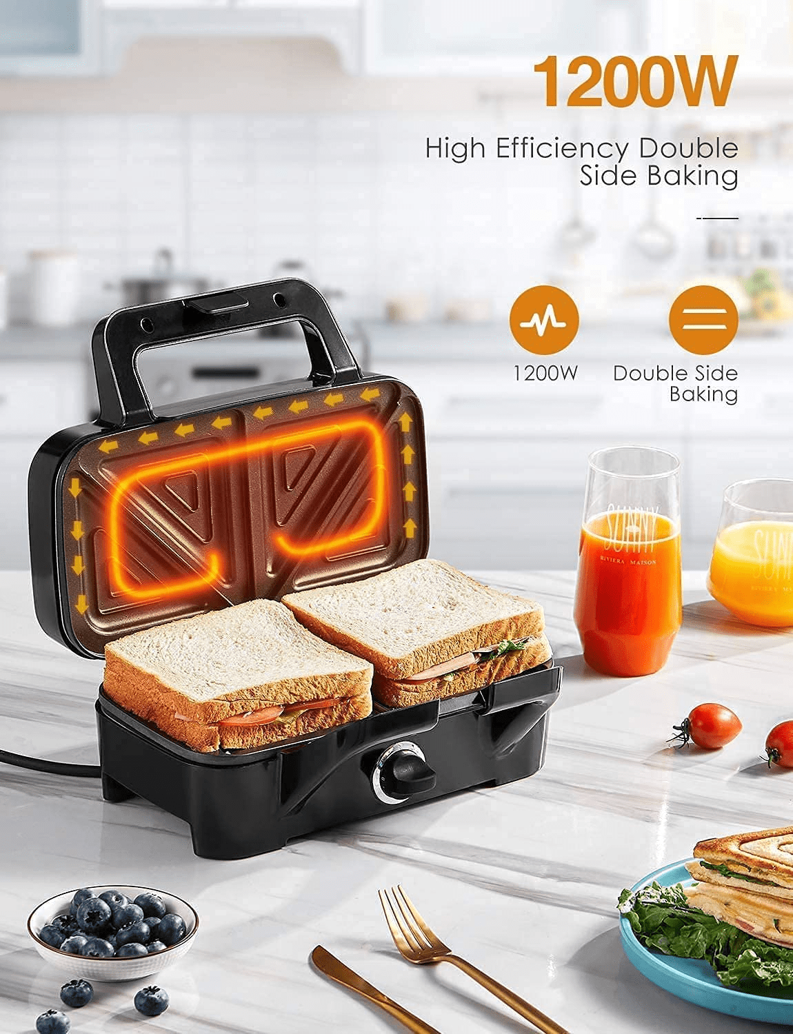  Kitchen & Dining, VonShef 220 240 Volts 3 in 1 Sandwich/Panini  Maker, Waffle Iron & Grill with Removable Plates - 700W - Stainless Steel, Bundled W/Dynastar Plug Adapters