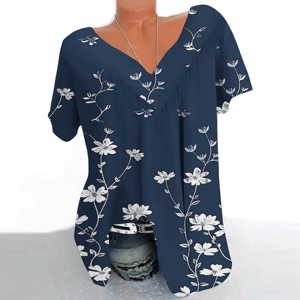 Fiudx Liquidación de Ofertas Flash Blusa Estampada de Manga Corta con Cuello En V para Mujer Blusas Tipo Jersey