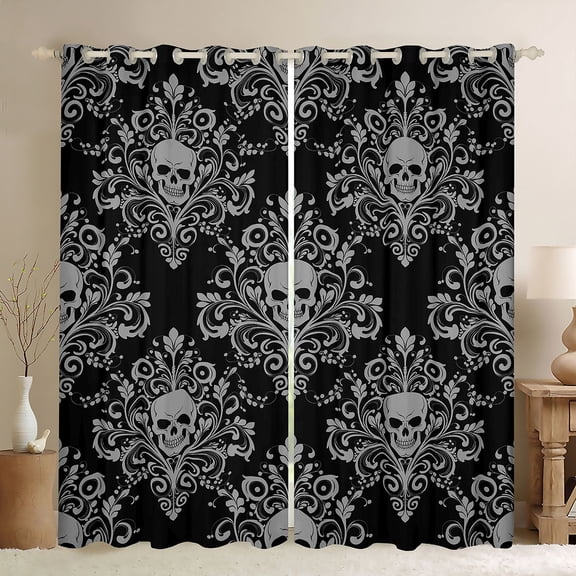 Homewish Spooky Halloween Skull Kitchen Curtains,Barque Damask Black Out Curtains Pack of 2 (42x63 Each),Black Gray