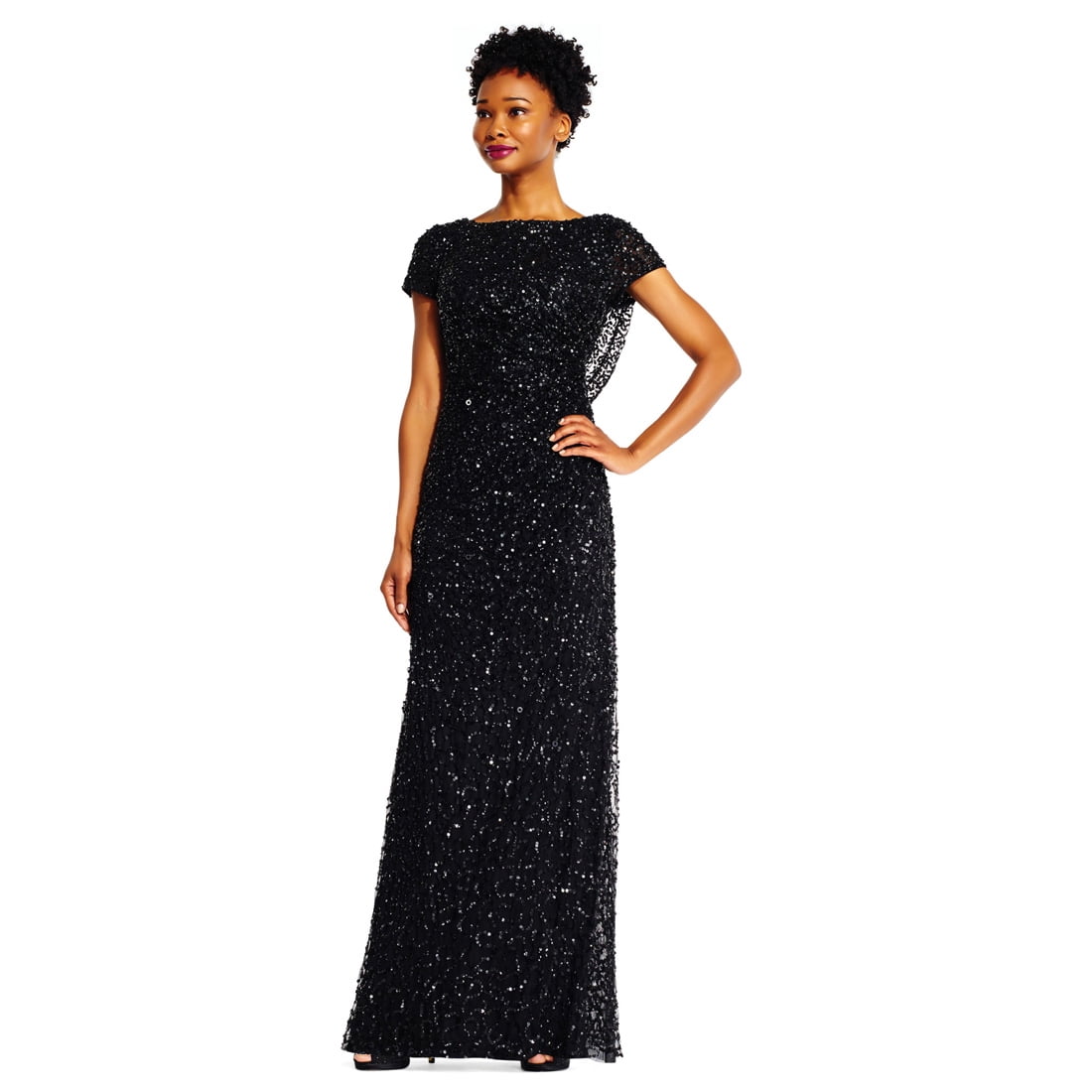Short Sleeve Sequin Beaded Gown 