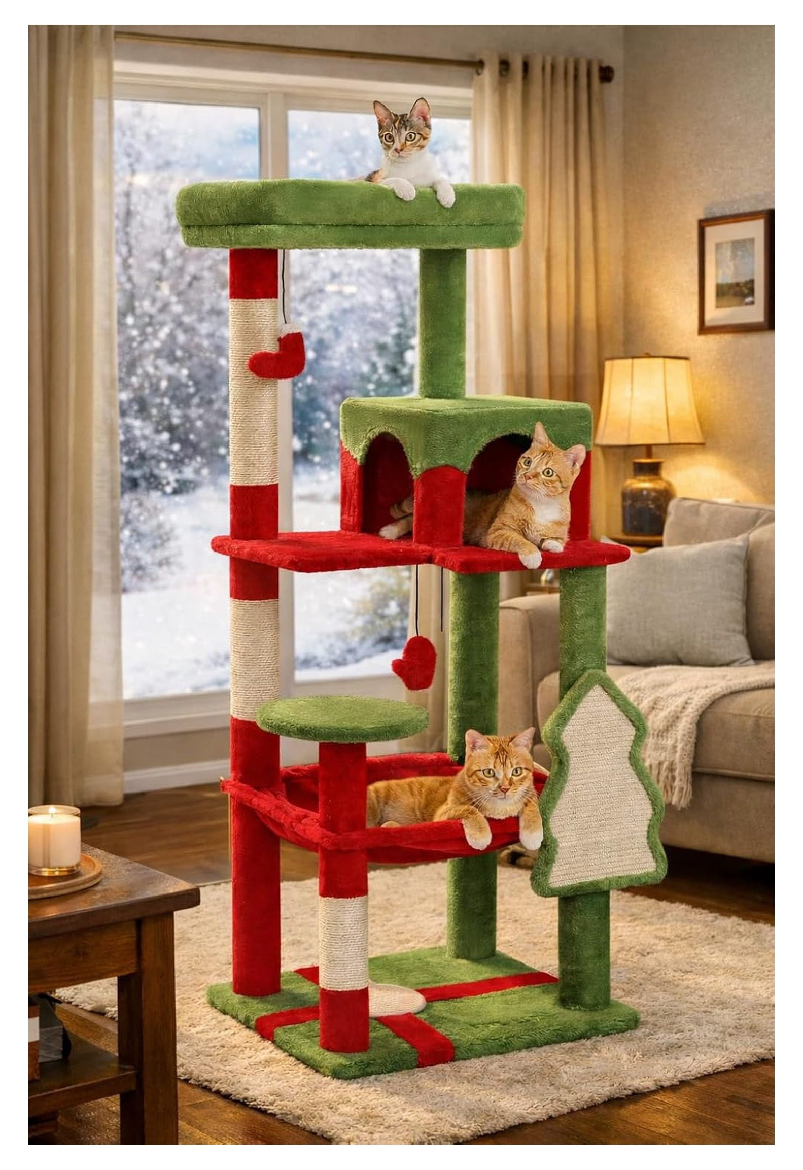 Cat Christmas Tree for Indoor Cats 56.3" - Holiday Cat Tree Tower with Hammock, Scratching Posts & Toys - Festive Red