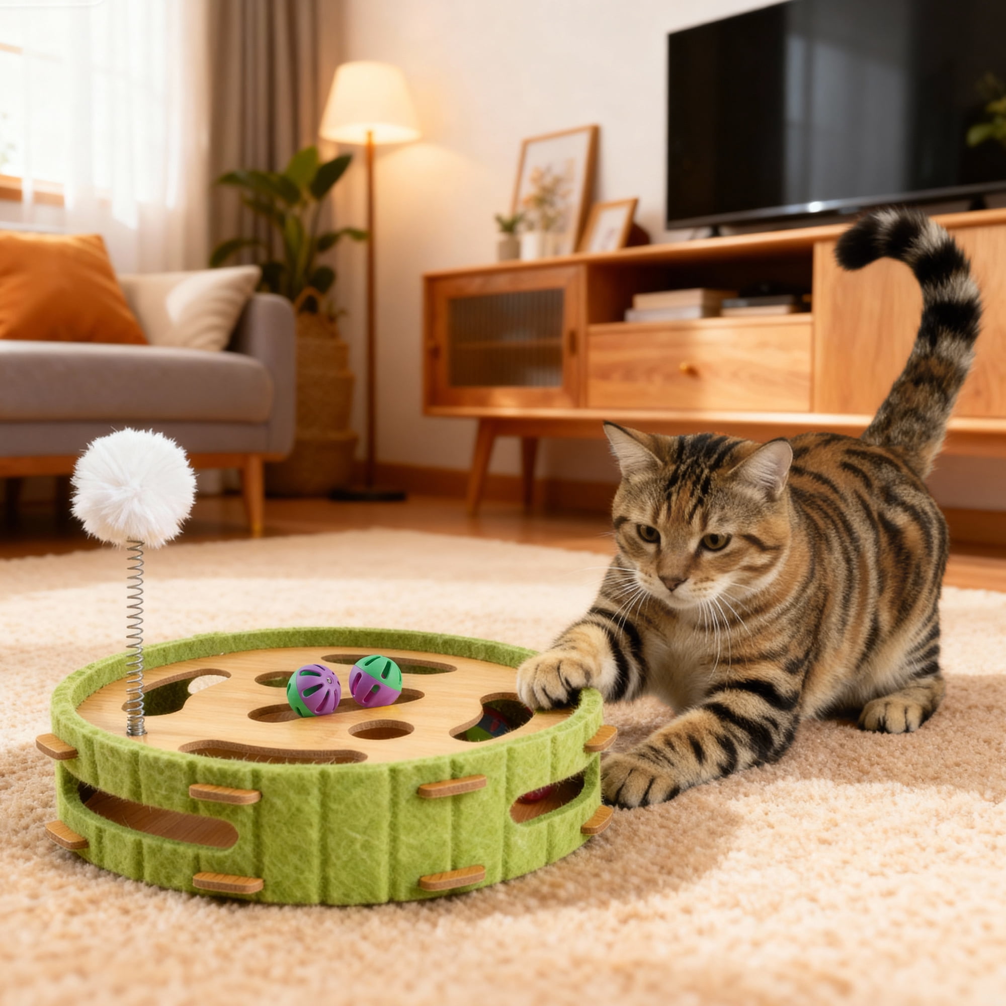 Unique Bargains Interactive Cat Toy Puzzle Toys for Indoor Felt Maze Box Cat Toys Mental Stimulation and Entertainment Circle Green 1 Set